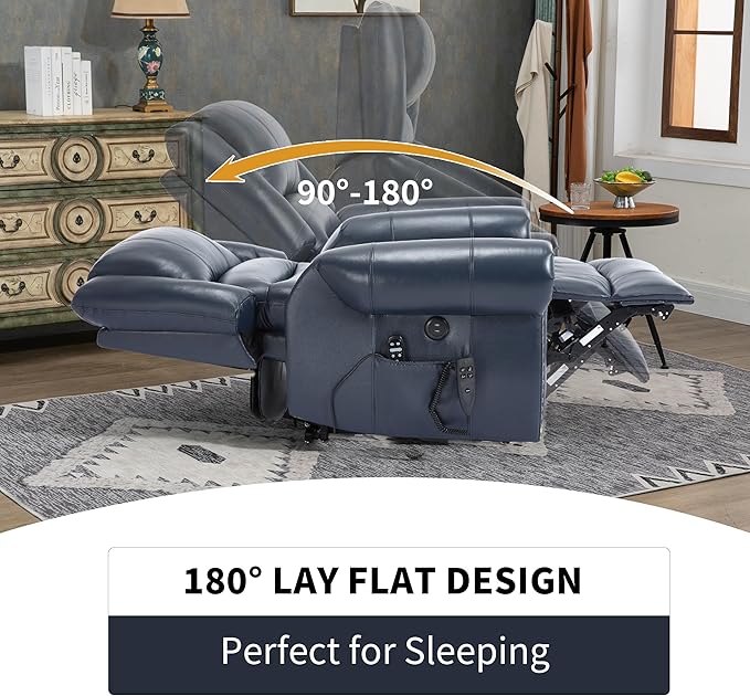 Dual Motor Power Lift Chair, Lay Flat Recliner Chair, Electric Recliner with Massage and Heat for Elderly, Remote Control, Infinite Position, Standing Assistance, USB Ports (Blue, Genuine Leather)