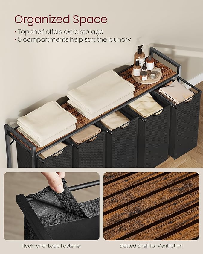 VASAGLE Laundry Hamper, Laundry Basket, Laundry Sorter with 5 Pull-Out and Removable Bags, Shelf, Metal Frame, 5 x 10.6 Gallons (40 L), 56.5 x 13 x 28.4 Inches, Ink Black and Rustic Brown UBLH501B01