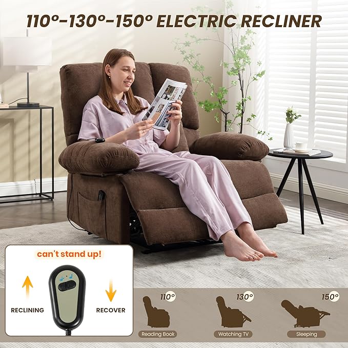 Oversized Power Recliner Chair 350lb with Hidable Cup Holders, Extra Wide Large Big Electric Recliner Chair with Lumbar Support Pillow Nursery Chair Living Room (Power, BROWN-ET6008)