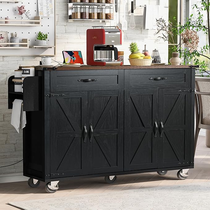 53.5''Farmhouse Kitchen Island with Power Outlet, Rolling Kitchen Cart with Drop Leaf, Storage Cabinet Table, Spice Rack and Drawer for Home, Kitchen and Dining Room (Black)