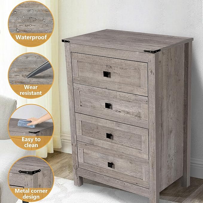 Farmhouse 4 Drawer Dresser for Bedroom, 24" Wide Wood Dresser with Metal Handle for Bed Room, Hallway, Light Grey Rustic Oak