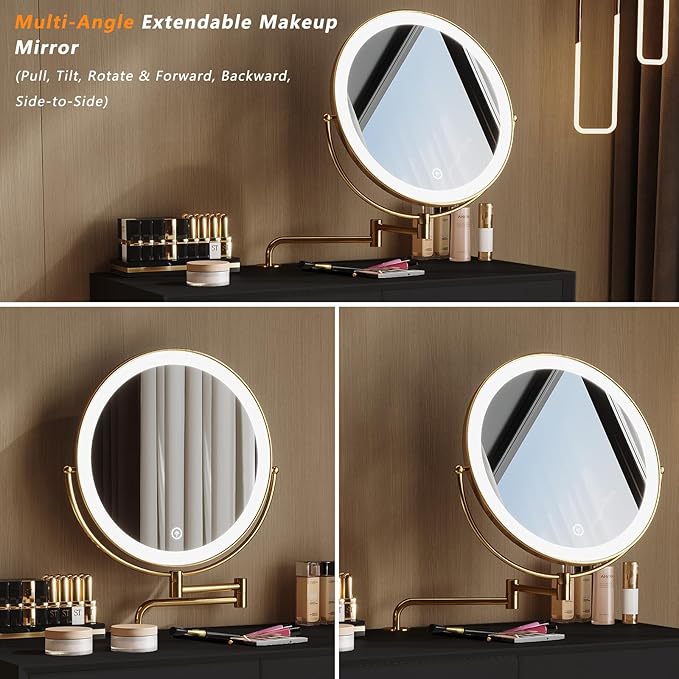 Vanity Desk with Adjustable Mirror and Lights, Makeup Vanity with 2 Drawers and Chair, Small Dressing Table with Leather Surface for Bedroom, 3 Lighting Modes (Black)