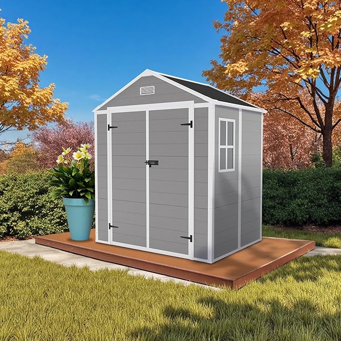 6' x 5' Resin Storage Shed Outdoor, PP Material & Strong Structure for All Weather, Plastic Garden Shed w/Window for Garden, Backyard, Poolside and Lawn, 12mm Thick PP Board - Grey