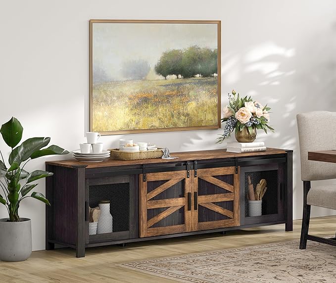 WAMPAT Farmhouse TV Stand for ups to 75 inch TV,Sliding Barn Door Entertainment Center Media TV Console Table with Storage Shelf for Living Room Bedroom，Dark Walnut and Black