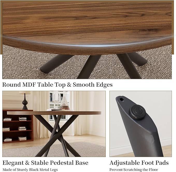 45.3'' Walnut Round Dining Table Set for 4, Mid Century Modern Small Coffee Set for Dining Room Kitchen Apartment (Light Walnut + 4 White Chairs)