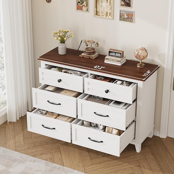 GarveeHome 6 Dresser for Bedroom, 47" Wide Drawer Dresser with Storage Freestanding, Wooden Closet Storage Chest for Living Room, Bedroom, Entryway, White+Brown