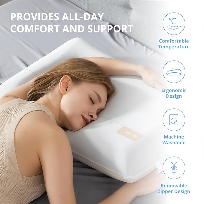 Cooling Memory Foam Pillow for Sleeping, Neck Pillow for Side, Back, Stomach Sleepers, Bed Pillow for Neck Pain Relief, Two-Sided Washable Reversible Cover, Standard Size (1 Pack, 5'')