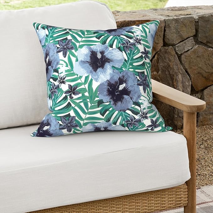 Outdoor Throw Pillows 16x16 Inch, Water Repellent Patio Pillows with Inners Set of 2, Outdoor Pillows for Patio Furniture Home Garden, Blue Salmone Tropical