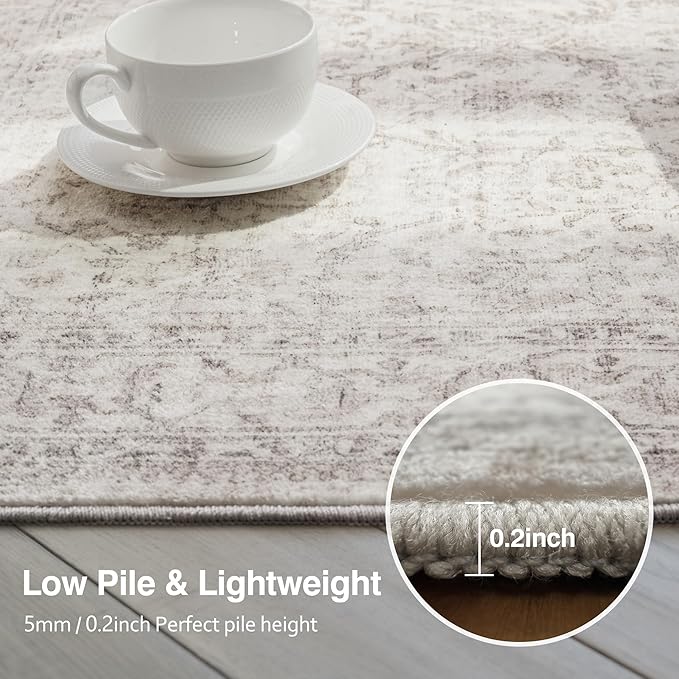 FMFUNCTEX 8x10 Washable Area Rug Beige Vintage Neutral Distressed Large Non Slip Carpet for Living Room Bedroom Soft Low Pile Indoor Mat Retro Floral Throw Rug for Dining Room Kitchen Office Nursery