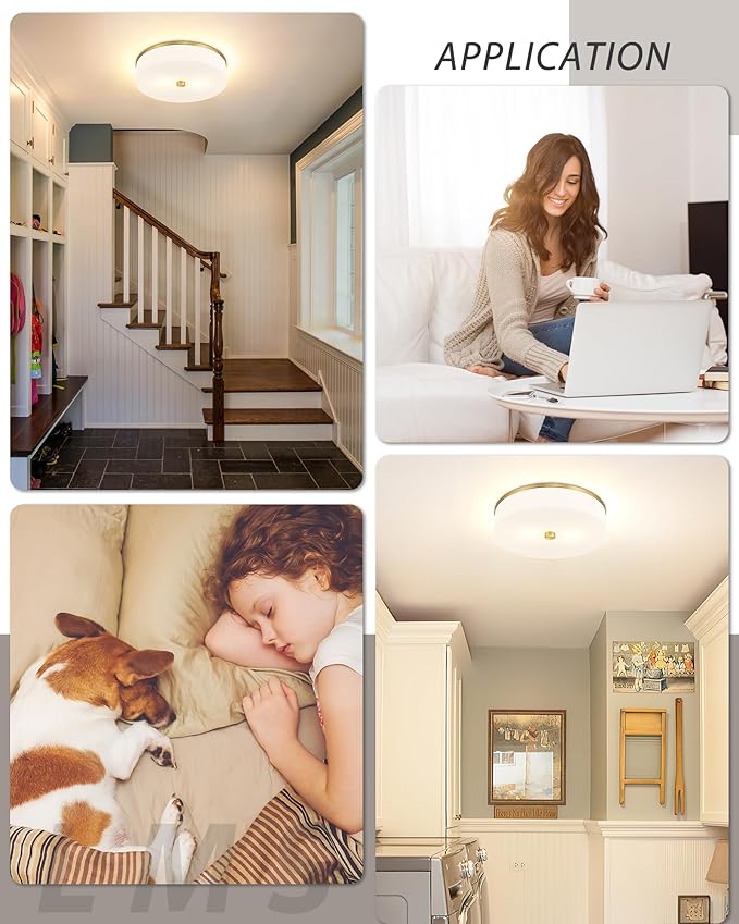 LMS Flush Mount Ceiling Light Fixture, Modern Brushed Gold Bathroom Ceiling Light with Drum Milky White Acrylic Shade, Kitchen, Living Room, LMS-192