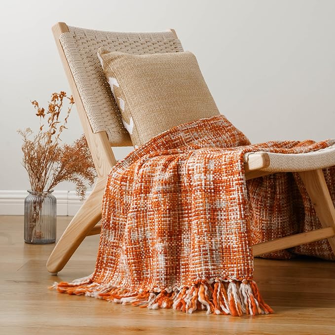 BATTILO HOME Burnt Orange Fall Throw Blanket for Couch Bed, Fall Decorations for Home, Colorful Farmhouse Throw for Autumn Halloween, 50"x60"