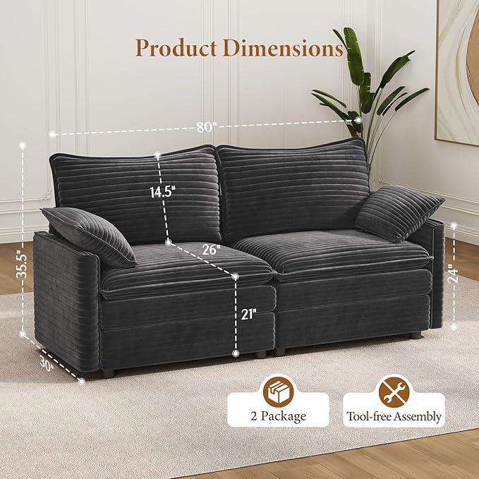 Vesgantti 74" Loveseat Sofa for Living Room, Comfy Cloud Couch Deep Seat Corduroy Modern 2 Seater Small Sofa with Armrest Pillow, Easy Assembly for Small Spaces, Gray