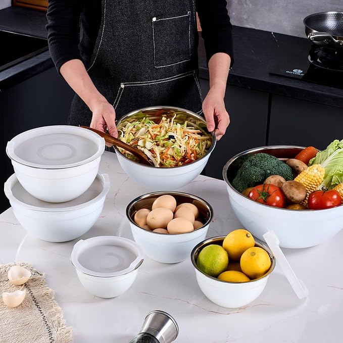 White Mixing Bowls With Airtight Lids,Stainless Steel Bowl,Salad Bowls 7 Piece Colorful Nesting Bowl White Kitchen Accessories,Size 7,3.6,2.7,2.1,1.5,1.1,0.8QT Stackable Design