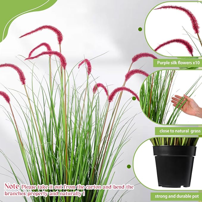 Jexine 4 Pieces Faux Plants Outdoor 4 ft Tall Artificial Grass Plant Potted Artificial Setaria Grass Faux Greenery Floor Plants for Housewarming Gift House Garden Lobby Outdoor (Purple)