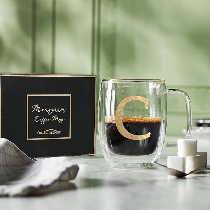 COLLECTIVE HOME - Double Walled Glass Coffee Mugs, Insulated Coffee Mug with Handle, Personalized Gifts for Women, Men, Christmas, 14 oz Monogram Cups (C)