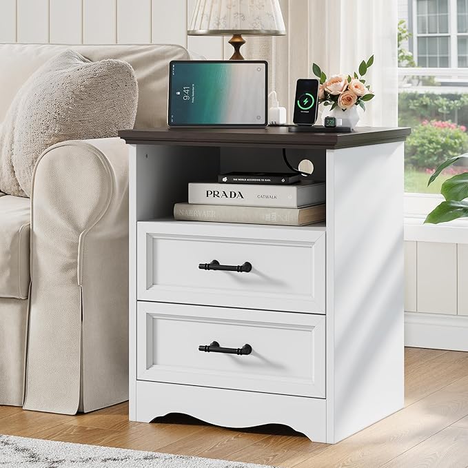 19.7" Night Stand with Charging Station, Farmhouse End Table with 2 Drawers Storage, White Wooden Nightstand, Bed Side Table with Open Shelf, Bedside Cabinet for Living Room, Closet