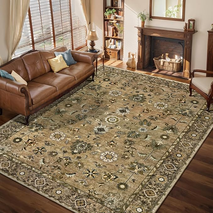 5x7 Area Rug Washable Rug for Living Room, Floral Vintage Rug Indoor Non Slip Large, Print Distressed Brown Carpet, Soft Low Pile Foldable for Bedroom Dining Room Dorm