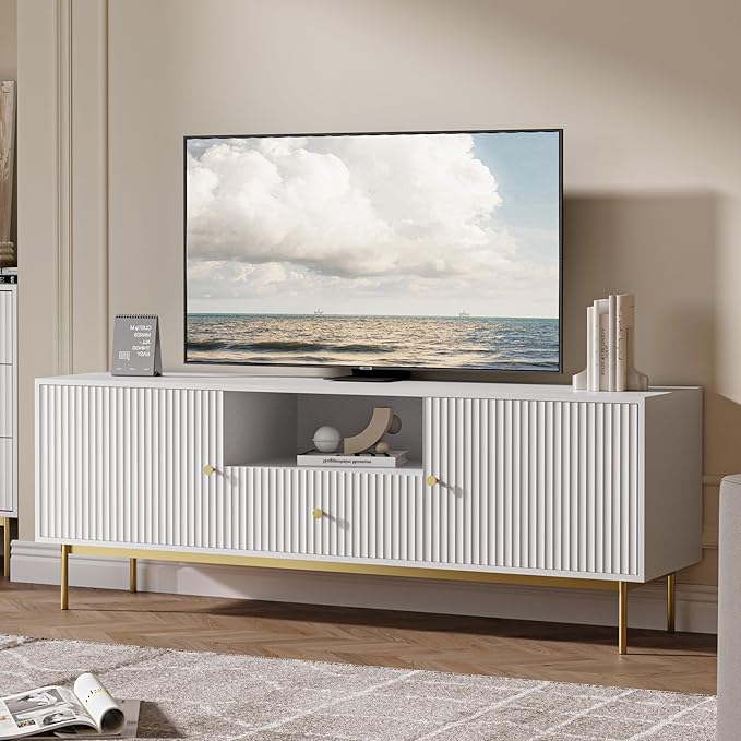 Fluted TV Stand, Modern TV Stand for 70 Inch TV, Entertainment Center with 2 Storage Cabinets, Fluted Panel Media Console for Living Room, Bedroom, Office, White