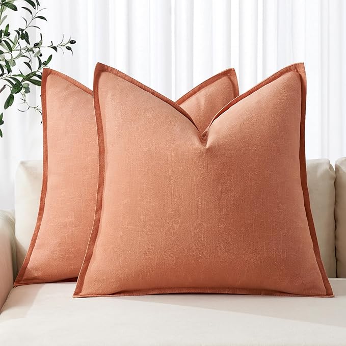 MIULEE Decorative Linen Pillow Covers 18x18 Inch Coral Boho Farmhouse Neutral Couch Throw Pillows for Bed Pack of 2 Accent Modern Pillowcase Summer Sofa Livingroom Home Decor