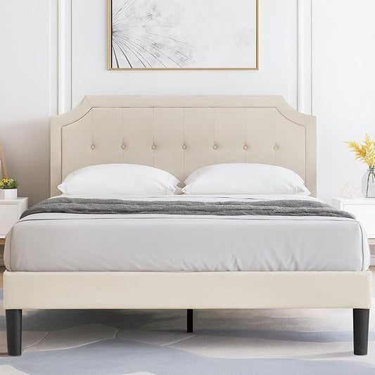 VECELO Queen Size Platform Bed Frame with Fabric Upholstered Headboard and Wooden Slats Support, No Box Spring Needed/Easy Assembly,Beige