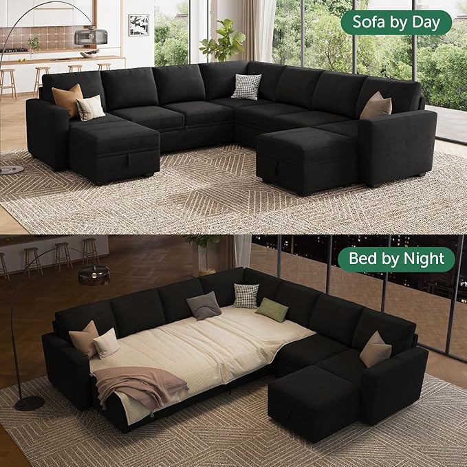 HONBAY Modular Sectional Sleeper Sofa with Pull Out Couch, Oversized U Shaped Sleeper Pull Out Bed with Storage Sectional Couches for Living Room - Black