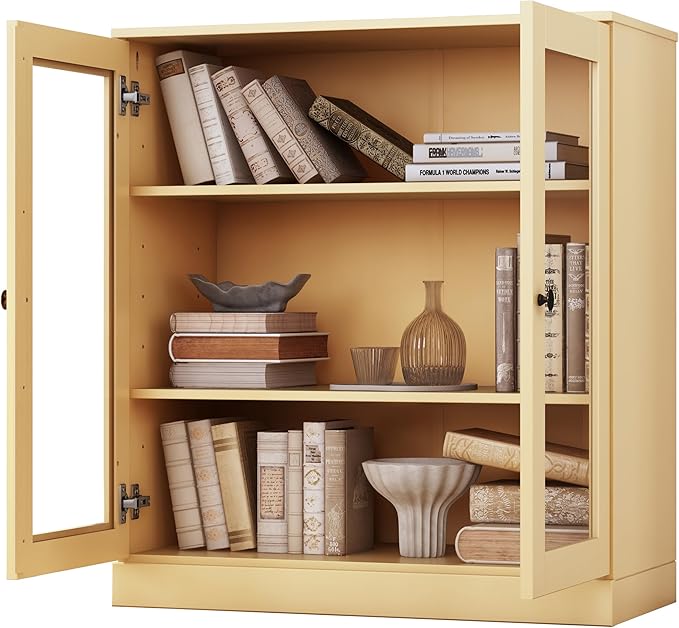 Palace Imports Solid Wood Bookcase - Floor Standing Bookshelf - 32” W - Display Furniture, Renewable 100% Eco-Friendly Wood, Made in Brazil (Yellow, Clear Glass Doors | 3-Shelf Short Bookcase)