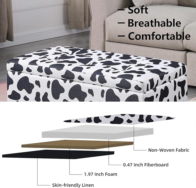 Storage Ottoman Bench with 2.56-inch Thick Seat, 31.5 inch Nesting Ottoman Set of 2, Hinged Flip Top Bench with Storage for Living Room, Bedroom, Cow Print