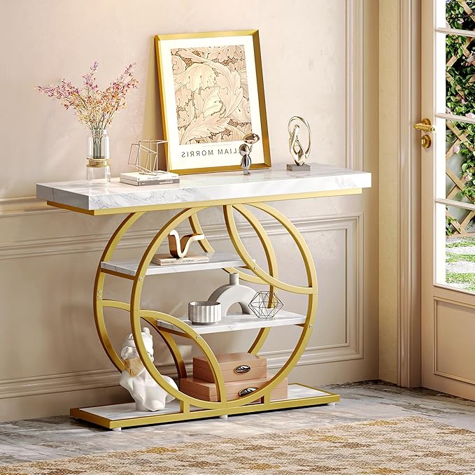 Huuger 41.3 Inch Entryway Table with Marble Top, Modern Console Sofa Table, Accent Table with Shelves, for Entry, Hallway, Entrance, Foyer, O-Shaped Metal Frame, White Marble & Gold