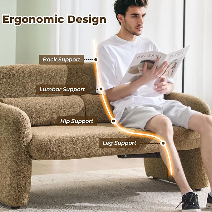 Furnimart Modern Loveseat Sofa, 54" 2-Seater Boucle Sofa, Comfy Upholstered Minimalist Couch, Small Couches for Small Spaces, Apartment, Office, Living Room, Bedroom, Dorm, Chenille Brown