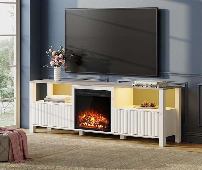 Wampat Fireplace TV Stand for TVs up to 100 Inch, Modern Entertainment Center with 8 Cubby Storage for Living Room, White