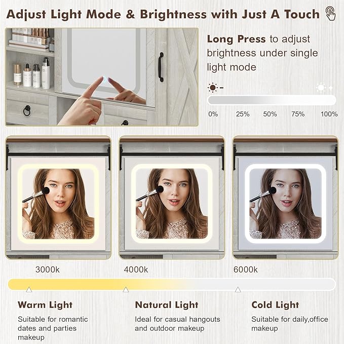 Farmhouse Makeup Vanity Desk with Sliding Mirror and Lights, 42" Glass Top White Vanity Set with Charging Station & 4 Drawers & 2 Cabinets, Dressing Table with Stool for Bedroom