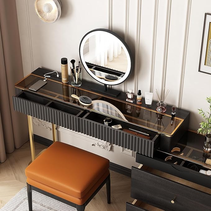 Lartis Makeup Vanity with Stool, Very Easy to Assemble,Retractable TV Cabinet Combination, Dressing Table Desk in one, Super Storage