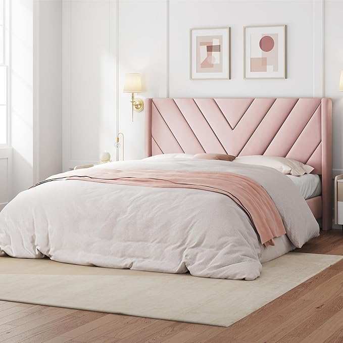 Yaheetech Queen Bed Frame Upholstered Platform Bed with Wing Side/Wooden Slat Support/Tufted Headboard with Wing Side/Mattress Foundation/No Box Spring Needed,Pink Queen Bed
