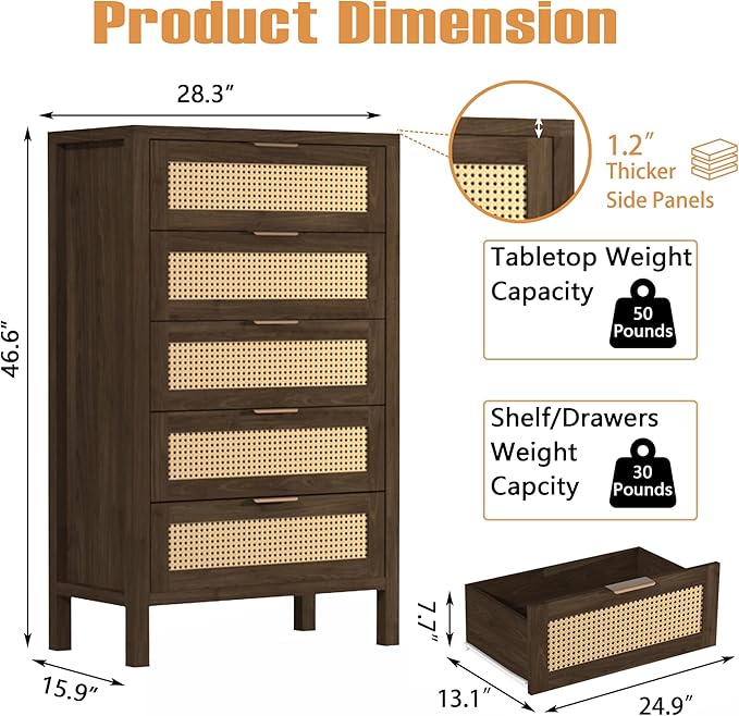 Wood 5 Dresser for Bedroom, Wide Rattan Drawer with Gold Handle for Bed Room, Hallway, Brown Oak