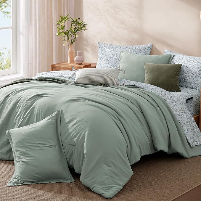 Monbix King Size Comforter Set - 7 Pieces Sage Green Prewashed Bed in a Bag King Bedding Sets with Comforters, All Seasons Down Alternative Comforter Bed Set with Sheets,Pillowcases & Shams