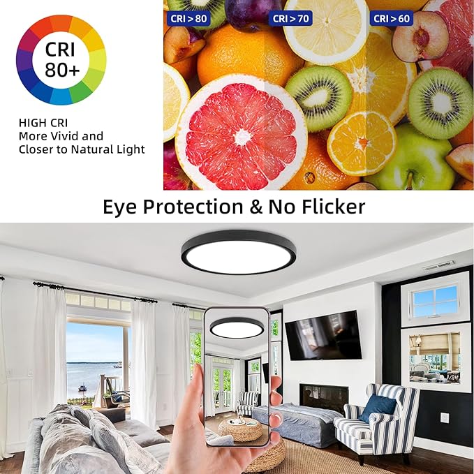 Led Flush Mount Ceiling Light,16 Inch 32w 3480lm,3000k/4000k/6000k 3CCT Selectable, Round Modern Flat Panel Super Slim Led Ceiling Light,for Living Dining Kitchen Bedroom Room (1Pack-Black)