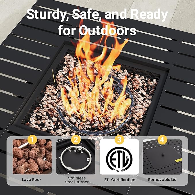 FansaFurn 30'' Propane Fire Pit Table, 50000 BTU Gas Fire Pits Table with Removable Lid and Lava Rock, Square Fire Table with Cover, Ideal for Dining or Party on Patio, Garden, Yard, Black