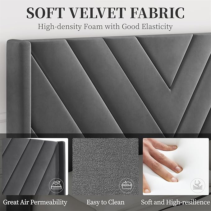 Yaheetech Queen Bed Frame Upholstered Platform Bed with Wing Side/Wooden Slat Support/Tufted Headboard with Wing Side/Mattress Foundation/No Box Spring Needed,Deep Gray Queen Bed