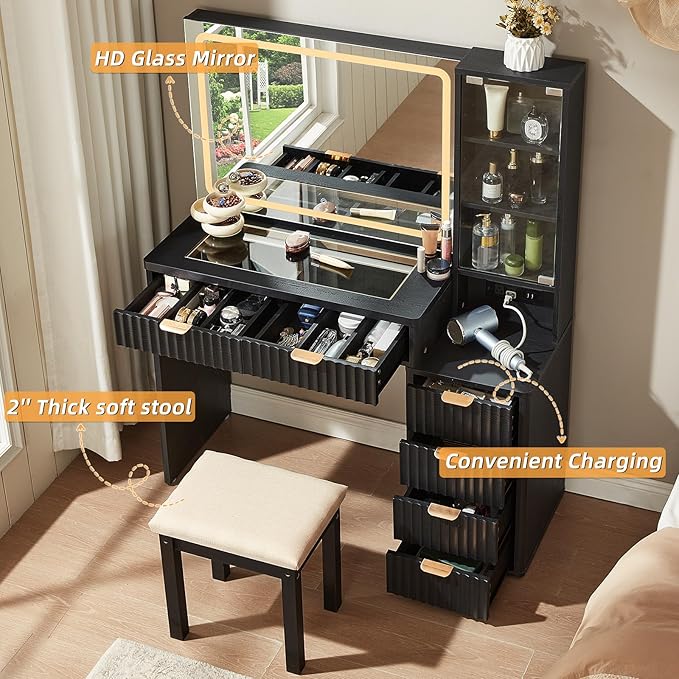 LEYAOYAO Black Vanity Desk with Mirror and Lights with Stool, 43.5'' Fluted Makeup Vanity with 6 Drawers and Adjustable Shelves,Wood Make Up Vanity Set with Glass Top and Power Outlet for Bedroom