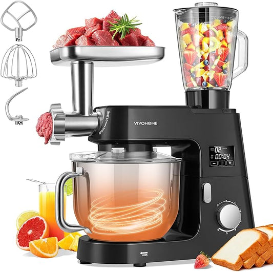 VIVOHOME 9 in 1 Multifunctional Stand Mixer with Fermentation, 6 Speed 7.5 Quart Kitchen Electric Food Mixer with Timer, Meat Grinder, Juice Blender, Vegetable Slicer, Pasta and Cookie Maker, Black