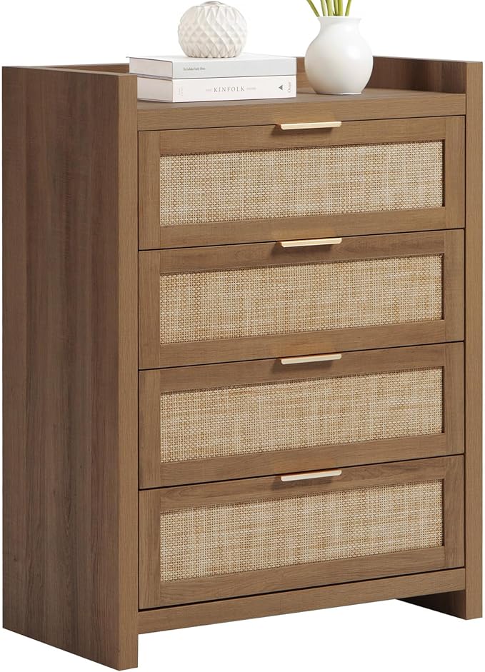 SICOTAS Dresser for Bedroom Chest of Drawers 38" Tall Dresser for Closet with 4 Rattan Drawers Boho Night Stand Large Clothes Storage Cabinet for Living Room Hallway Nursery Entryway