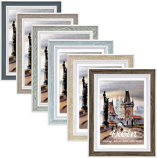 4x6 Picture Frame Set of 6, Rustic Farmhouse Photo Frame, Display 3.5x5 with Mat or 4x6 Without Mat for Decorative on Wall Hanging and Tabletop Placement