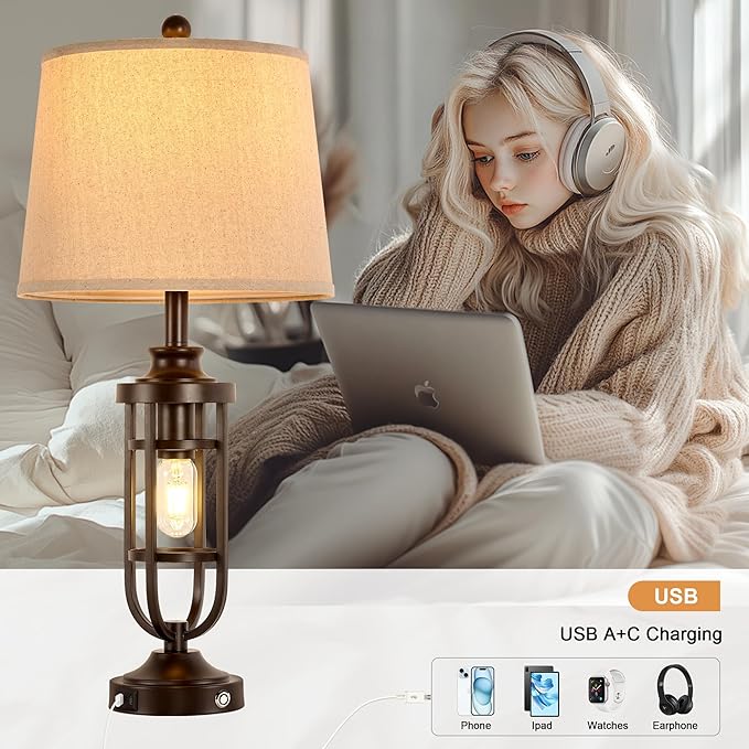 28.8" Farmhouse Table Lamps for Living Room Set of 2, 3-Way Dimmable Touch Lamps with USB Ports, Rustic Nightstand Lamps for Bedroom End Tables, Bulbs Included