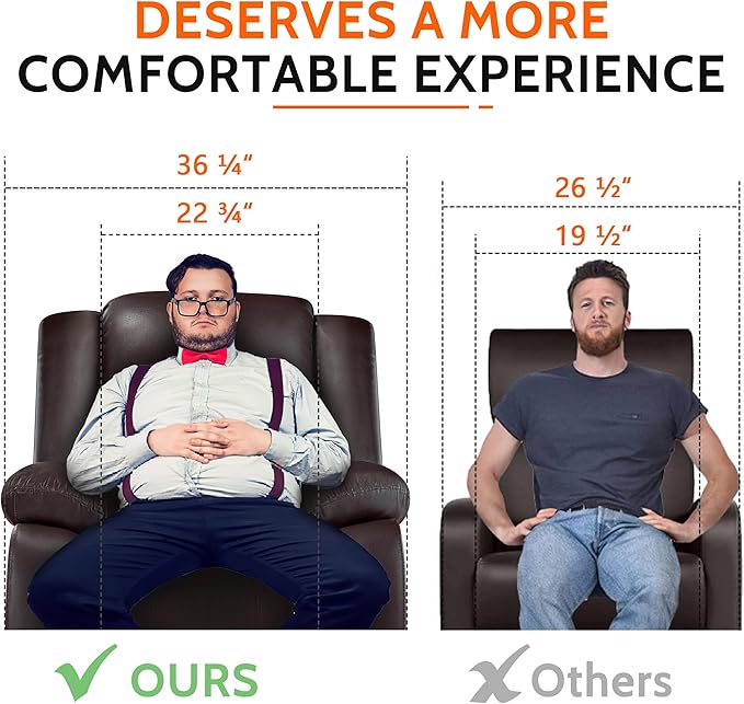 PrimeZone Oversized Rocker Recliner Chair - Comfy Wide Lazy Boy Recliner Chair with Overstuffed Armrest, Faux Leather Manual Reclining Chairs for Living Room, Bedroom, Home Theater, Brown Set of 2