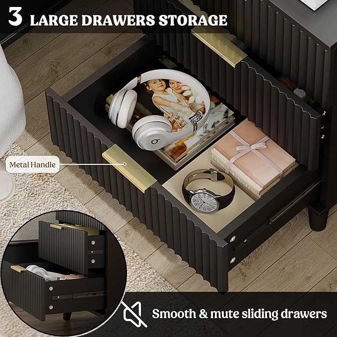 Lulive Wood 3 Drawers Dresser Fluted Night Stand with Charging Station, Natural Nightstand 3 Storage Drawers Dresser Modern Side Table, Bedside Table for Bedroom, Living Room