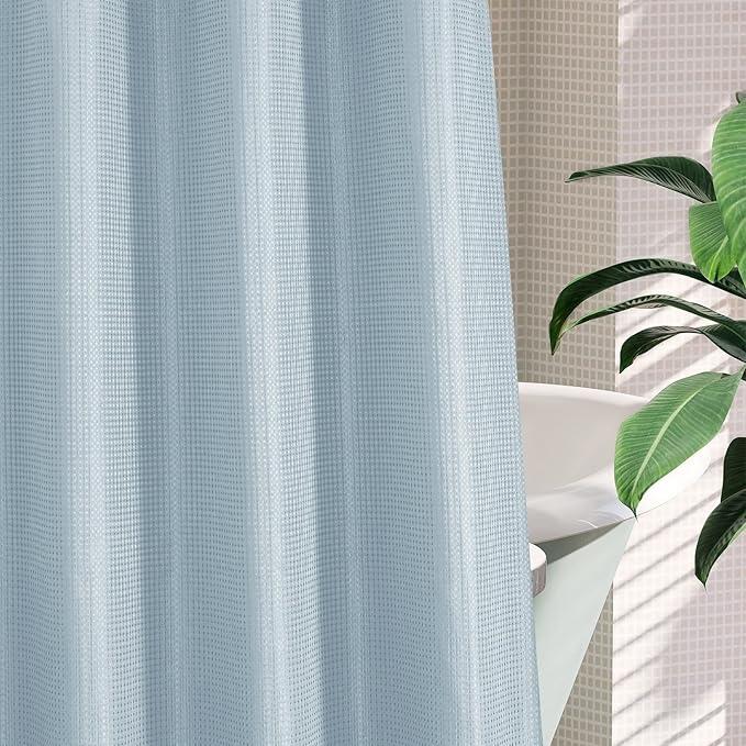 MitoVilla No Hooks Needed Extra Long Shower Curtain Set with Snap-in Liner, Blue 86 inch XL Heavyweight Waffle Fabric Cloth Shower Curtains for Modern Luxury Hotel & Spa Bathroom Decor, Fog Blue