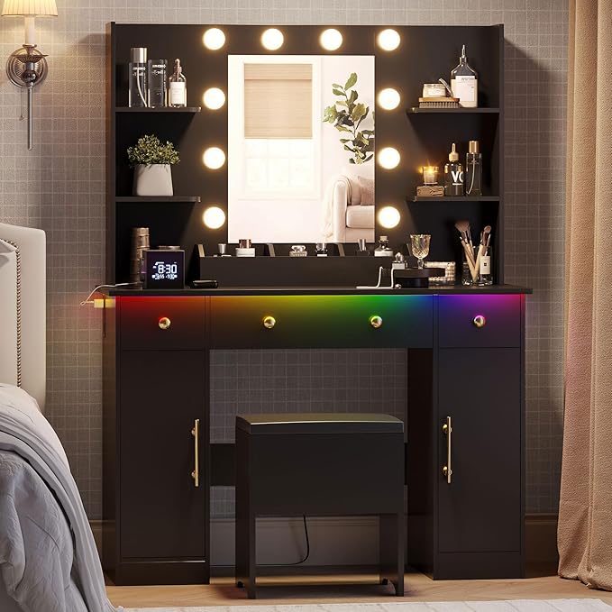 Makeup Vanity Desk with Mirror and Lights, 43" Black Vanity Set with Chair, 3 Drawers, Power Outlet & Adjustable RGB LED Lights, Dressing Table with Storage Shelf for Women & Girls Bedroom