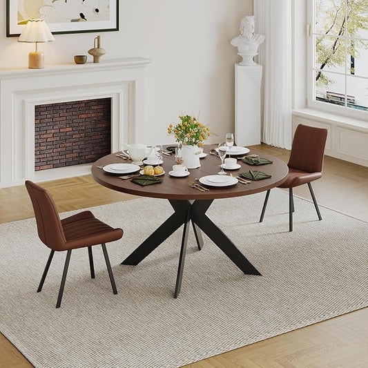 45.3" Walnut Round Dining Table Set with 2 Chairs – Mid-Century Modern Small-Space Kitchen & Dining Room Furniture for Apartment or Breakfast Nook (Boxwood – Table + 2 Brown Chairs)