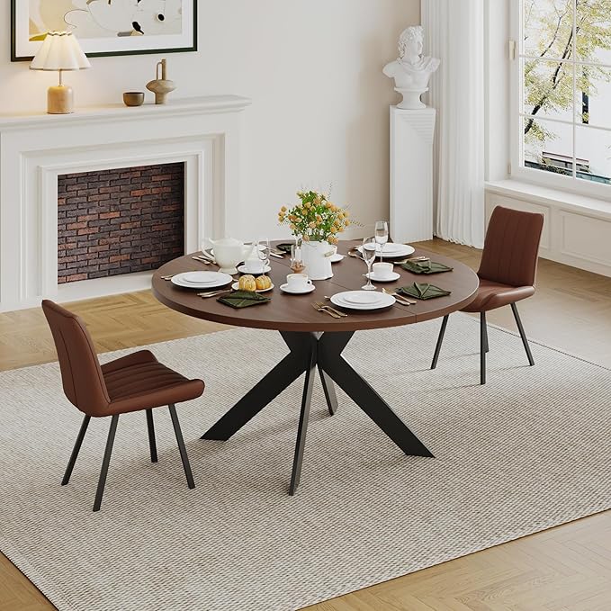 45.3" Round Walnut Dining Table for 4 – Mid-Century Modern Pedestal Table for Kitchen, Dining Room, Small Apartment or Breakfast Nook