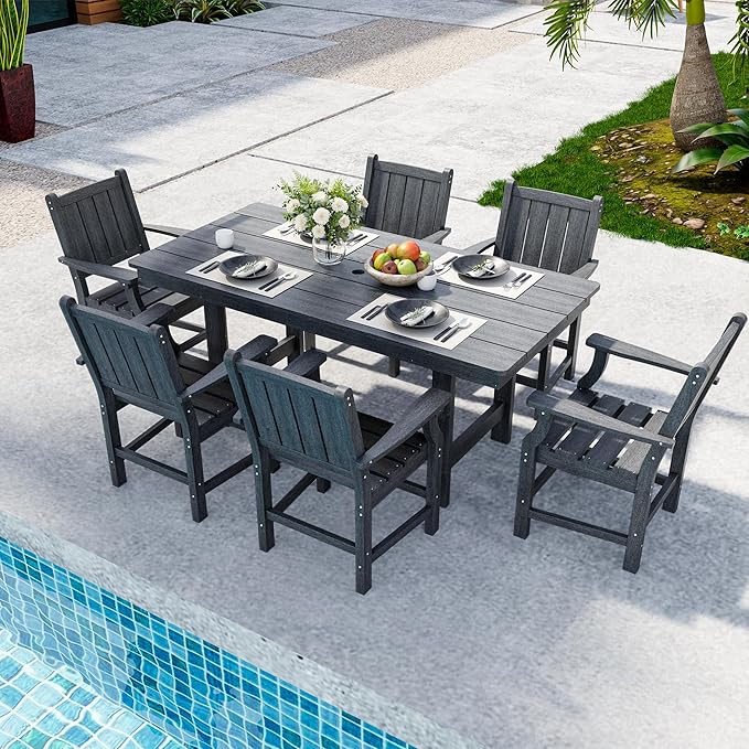 7-Piece HDPE Outdoor Dining Set, Wood-Like Design Outdoor Table and Chairs with Elegant Armrest, All-Weather Patio Table and Chairs Set with Umbrella Hole for Porch, Poolside, Gray